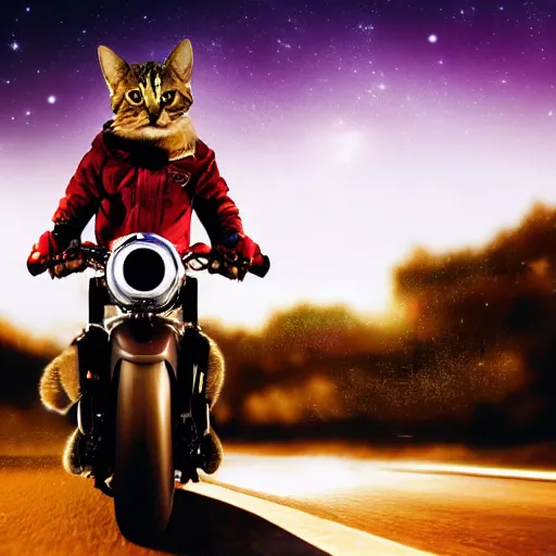 Image similar to a photo of a tabby cat riding a motorcycle, wearing a red helmet and a yellow scarf at night, 4k , highly detailed, award winning photo