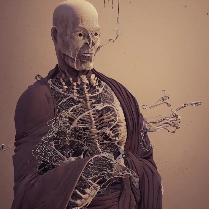 Image similar to portrait of Buddhist Monk as skeleton. intricate abstract. intricate artwork. by Tooth Wu, wlop, beeple, dan mumford. octane render, trending on artstation, greg rutkowski very coherent symmetrical artwork. cinematic, hyper realism, high detail, octane render, 8k, chrome accents