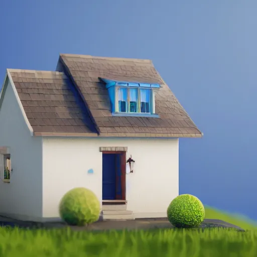 Image similar to cute chubby house, 3 d render, minimalistic, octane, 1 0 0 mm, depth of field, diorama, blue background