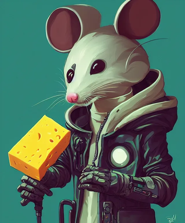 Image similar to a portrait of an anthropomorphic cyberpunk mouse holding a cheese, cyberpunk!, fantasy, elegant, digital painting, artstation, concept art, matte, sharp focus, illustration, art by josan gonzalez