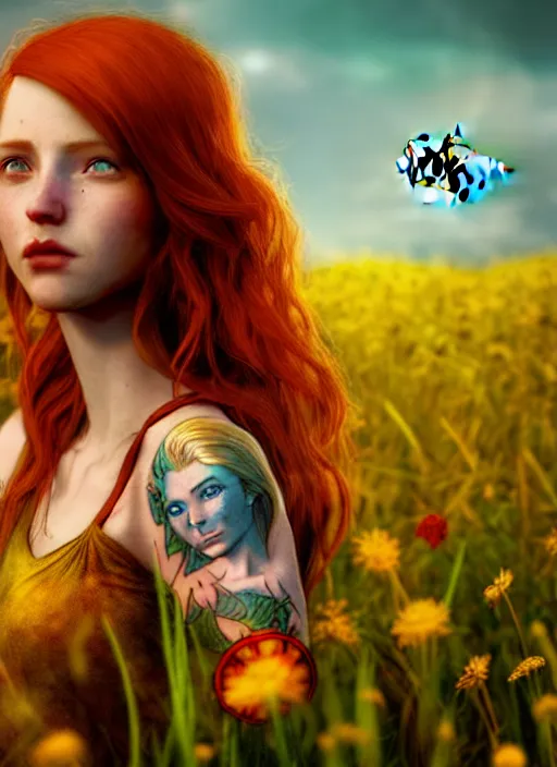 Image similar to An epic fantasy comic book style portrait painting of a young red headed girl with a golden bee tattoo on her shoulder in a field of flowers , unreal 5, DAZ, hyperrealistic, octane render, cosplay, RPG portrait, dynamic lighting