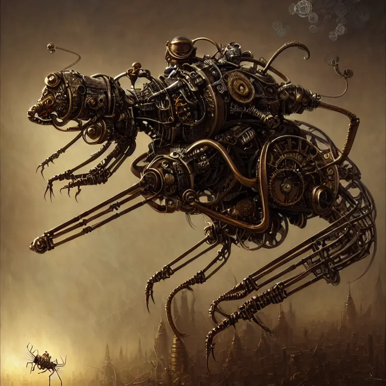 Image similar to steampunk the robot mosquito, unreal engine realistic render, 8 k, micro detail, intricate, elegant, highly detailed, centered, digital painting, artstation, smooth, sharp focus, illustration, artgerm, tomasz alen kopera, peter mohrbacher, donato giancola, joseph christian leyendecker, wlop, boris vallejo