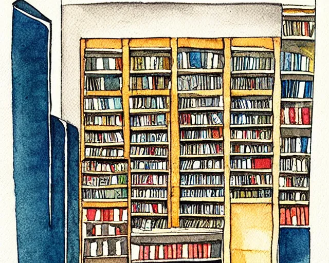 Prompt: small bookstore simple geometric watercolor painting in the style of george barbier