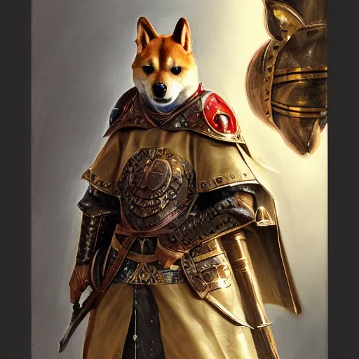 Prompt: anthropomorphic shiba inu, medieval holy paladin knight armor, fantasy, holy light, portrait art by donato giancola and greg rutkowski, realistic face, visible holy aura, digital art, trending on artstation, symmetry