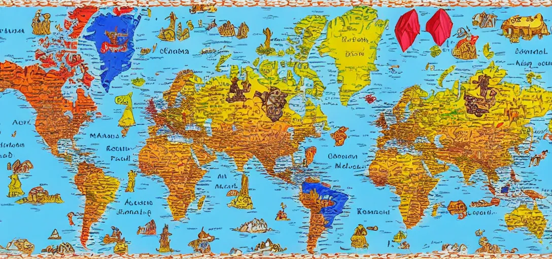 Image similar to an accurate world map made of candy, in the style of a treasure map