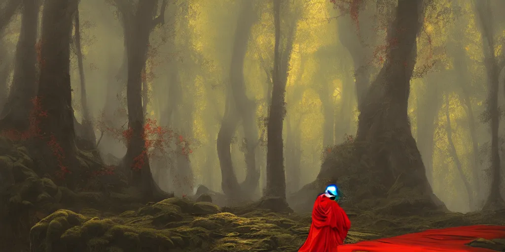 Prompt: A monk in a red cloak, alone in a dark forest, extremely detailed oil painting, unreal 5 render, rhads, Bruce Pennington, Studio Ghibli, tim hildebrandt, digital art, octane render, beautiful composition, trending on artstation, award-winning photograph, masterpiece