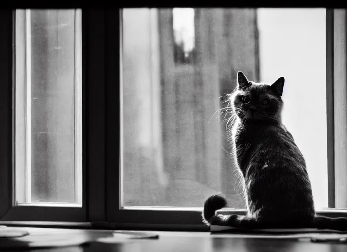 Image similar to photography of a Cat . watching outside the window. on a bed. in a 70's room full of vinyls and posters, photorealistic, award winning photo, 100mm, sharp, high res