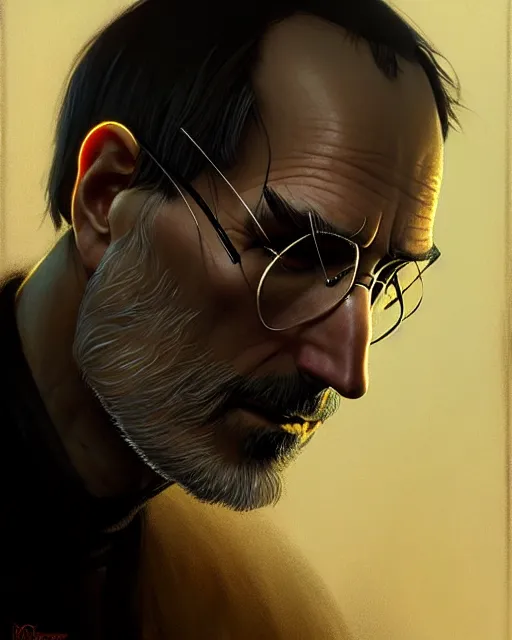 Image similar to pensive steve jobs, pulp character portrait, ultra realistic, concept art, intricate details, highly detailed by greg rutkowski, gaston bussiere, craig mullins, simon bisley