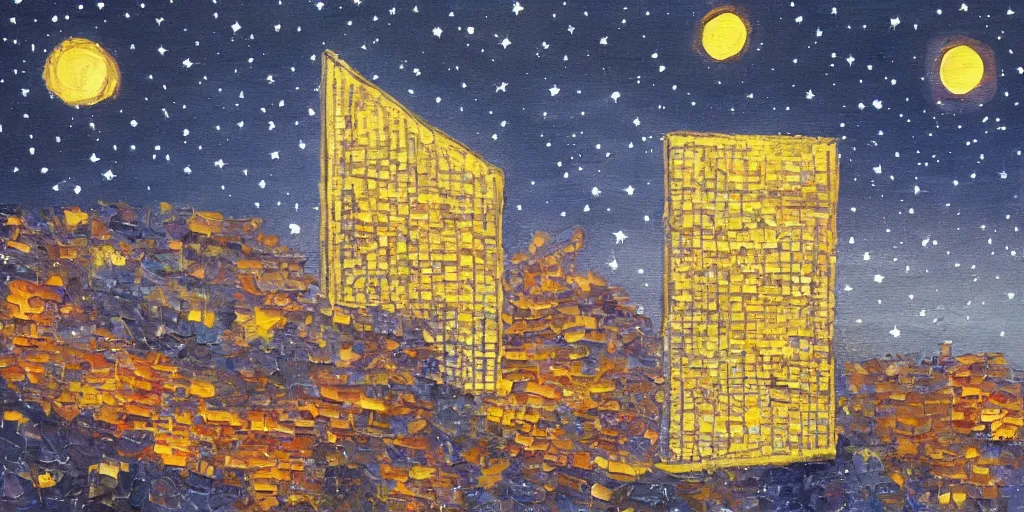 Image similar to stary night painting, norman foster tower, house, city