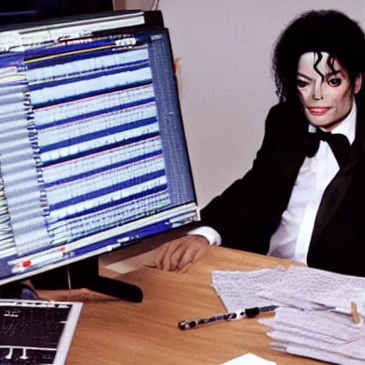 Image similar to michael jackson in his daytrading job stressed anxiety horror