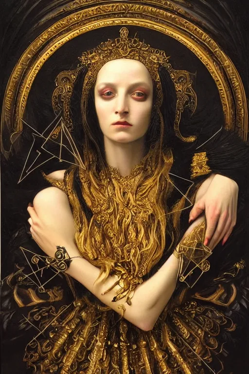 Image similar to hyper realistic painting portrait of goth queen, occult diagram, elaborate details, detailed face, intrincate ornaments, gold decoration, occult art, oil painting, art noveau, in the style of roberto ferri, gustav moreau, jean delville, bussiere, andrew gonzalez