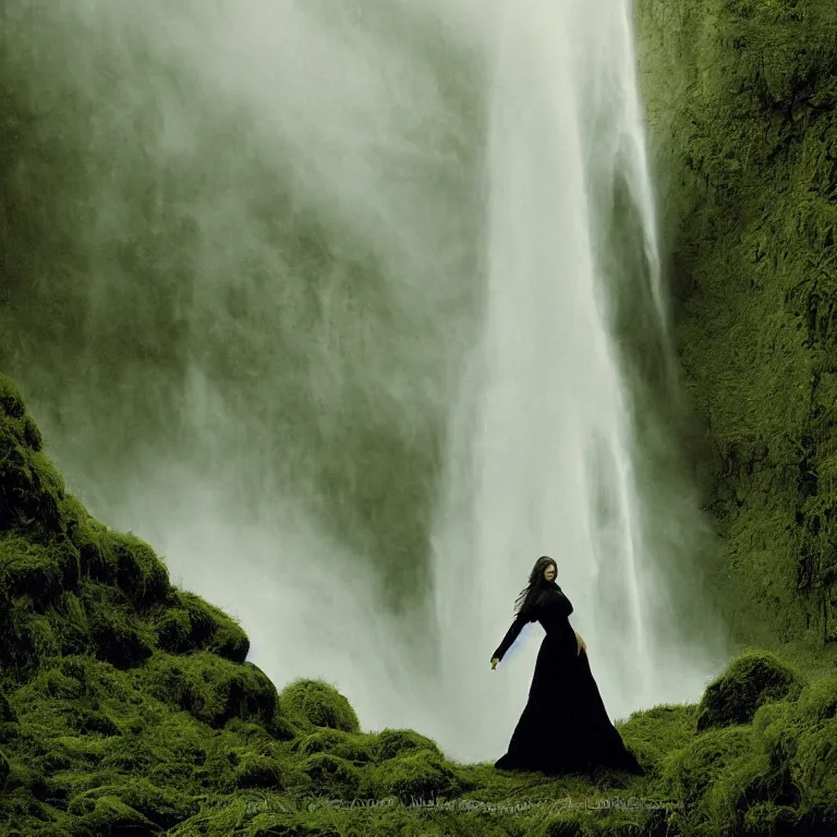 Image similar to dark and moody 1 9 8 0's artistic color spaghetti western film, a giant tall huge woman in an extremely long dress made out of waterfalls, standing inside a green mossy irish rocky scenic landscape, huge waterfall, volumetric lighting, backlit, atmospheric, fog, extremely windy, soft focus, by ansel adams and wes anderson