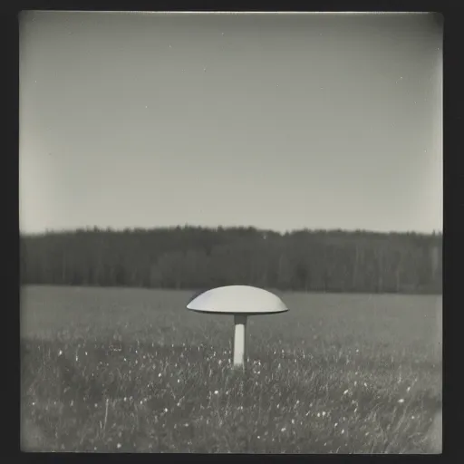 Image similar to polaroid photograph of ufo taken in the sky, hanebau, 1 9 5 0 s, black and white, blurry