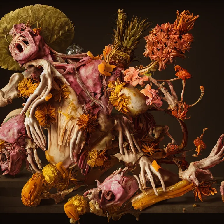 Image similar to still life of rotten flesh, beautiful tropical flowers, human spine, colorful mold, baroque painting, beautiful detailed intricate insanely detailed octane render, 8K artistic photography, photorealistic, chiaroscuro, Raphael, Caravaggio