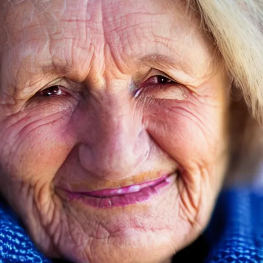 Prompt: an extreme close-up of a smiling old woman