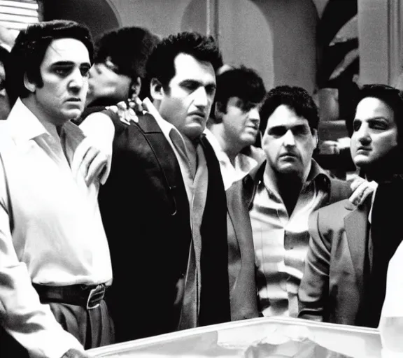 Image similar to film still of tony montana meeting the sopranos, scene directed by quintin tarantino.