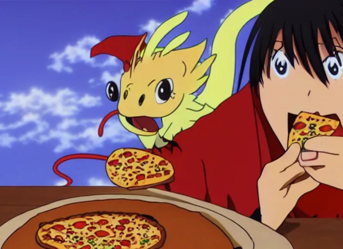 Image similar to anime film still of a dragon eating a pizza, 8 k