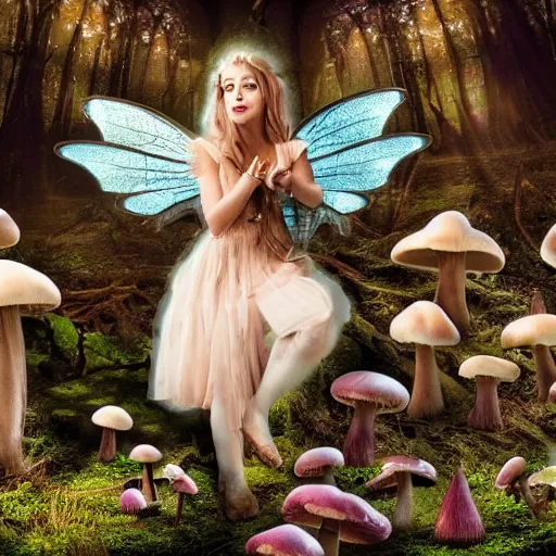 Prompt: A scary fairy eating mushrooms in a magical forest