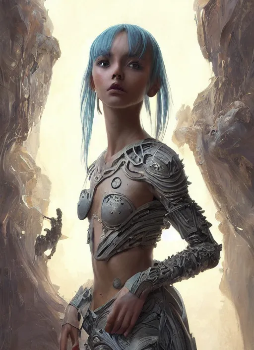 Image similar to a professional painting of a beautiful young female alien, clothed in ethereal armor, olive skin, long dark hair, beautiful bone structure, symmetrical facial features, intricate, elegant, digital painting, concept art, smooth, sharp focus, illustration, from Valerian and the City of a Thousand Planets, by Ruan Jia and Mandy Jurgens and Artgerm and William-Adolphe Bouguerea