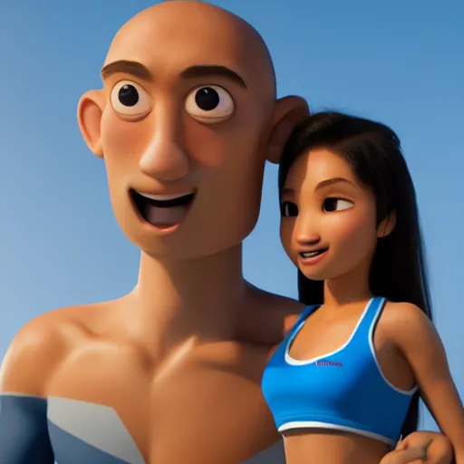 Image similar to young beautiful athletic Filipino woman with long hair standing beside a handsome caucasian athletic thin man with very short buzzed hair, balding, stubble on his face, blue eyes, they are posing, depicted as adult Pixar characters, high quality cg render, 4k