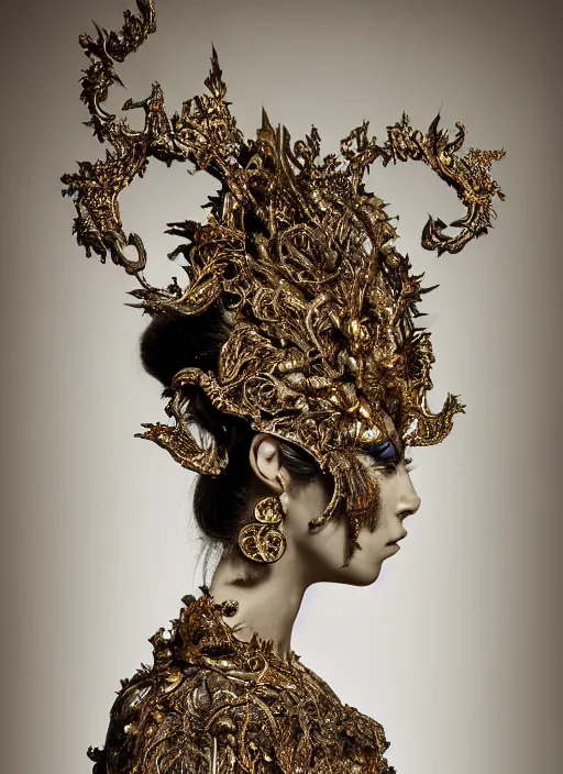 Image similar to a portrait of female by stefan geselle and nekro borja, photorealistic, intricate details, hyper realistic, fantasy, elegant, baroque gold headpiece, photorealistic, canon r 3, photography, wide shot, symmetrical features, wide angle shot, head to toe, standing pose, feet on the ground, wearable art