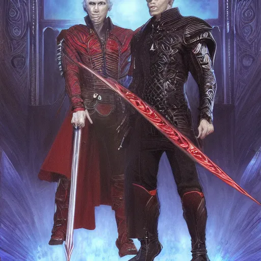 Image similar to Vergil and Dante standing back to back, art by Donato Giancola and James Gurney, digital art, trending on artstation