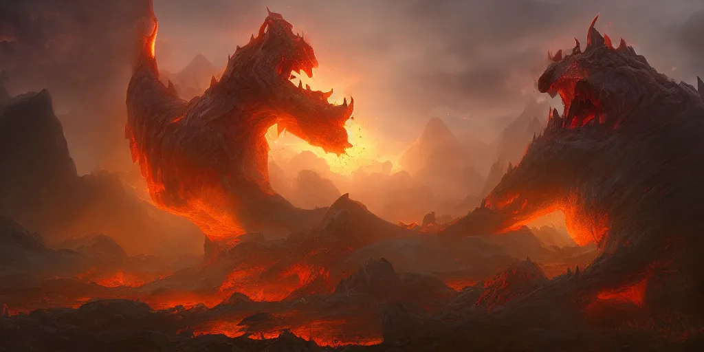 Prompt: a mythical battle between two giant fiery creatures, broken landscape, by Andreas Rocha + Ted Nasmith, cinematic lighting, masterpiece, highly detailed, 8k resolution, trending on art station