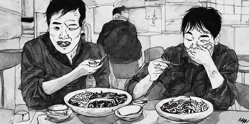 Prompt: a man eating bibimbap by huskmitnavn, black and white