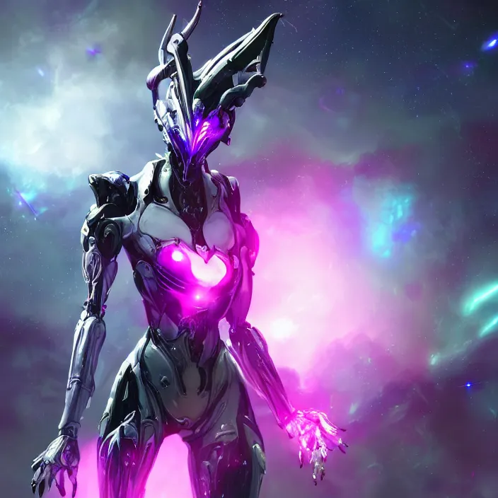 Image similar to cinematic shot, bust, cosmic sized perfectly proportioned stunning beautiful hot female warframe, anthropomorphic robot mecha female dragon, silver, fuschia leds, floating in empty space, nebula sized, holding a galaxy, epic proportions, epic size, epic scale, furry art, dragon art, giantess art, warframe fanart, furaffinity, deviantart