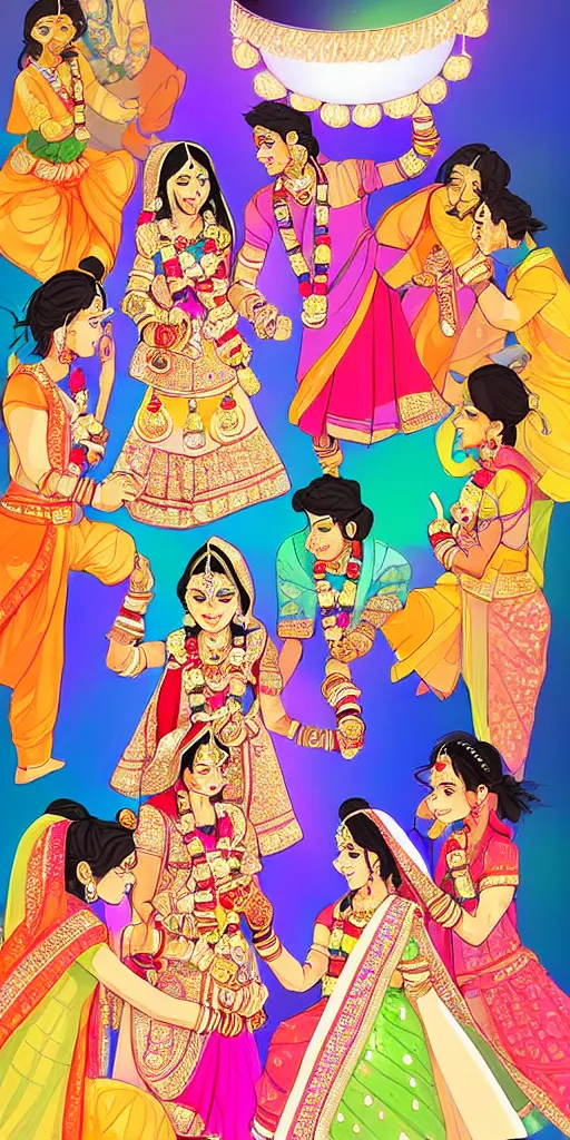 Image similar to beautiful indian wedding, very colorful, very cute, studio ghibli lighting, digital art, art of the day, best art award