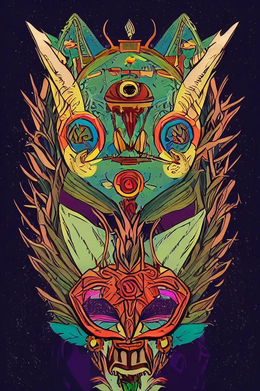 Image similar to animal mask totem roots flower tribal feather gemstone plant wood rock shaman vodoo video game vector cutout illustration vivid multicolor borderlands comics by josan gonzales and dan mumford radiating a glowing aura