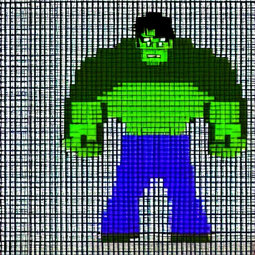 Prompt: the incredible hulk is in a local restroom and has to pee, but the toilet is occupied, pixel art