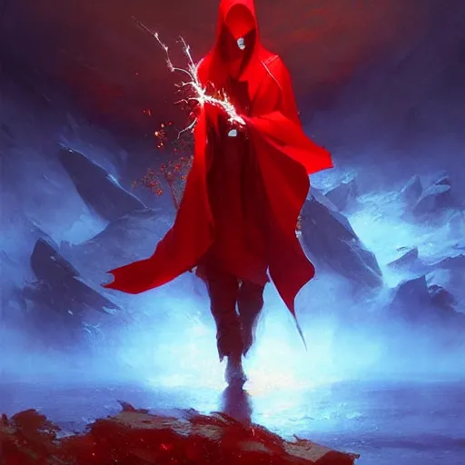 Image similar to ''cinematic shot'' red hooded mage ( spectre ) with leaves falling simetrical 8 k atmosferic realistic, holding a bell, made by ivan aivazovsky, peter mohrbacher, greg rutkowski volumetric light effect broad light oil painting painting fantasy art style sci - fi art style realism premium prints available artwork unreal engine