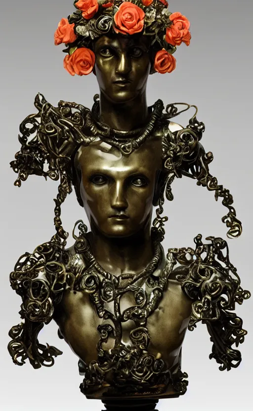 Prompt: a young handsome latino porcelain prince sculpture with a face of a CRT monitor and a large glowing orange crystal in the center of his chest, full-body bronze cyberpunk style statue of Andromeda with glowing green laser eyes, crown of mechanical roses, flowing aqua silk, fabric, steampunk flowers. baroque elements, human hands. full-length view. baroque element. intricate artwork by caravaggio. many flying horses on background. Trending on artstation, octane render, cinematic lighting from the right, hyper realism, octane render, 8k, depth of field, 3D