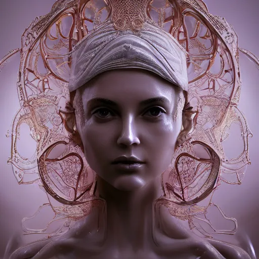 Prompt: abstract highly detailed female sculpture drawing made of white marble and red crystals quartz and minerals, ethereal lights, fine details, artstation, digital paint, fantasy, cinematic photoshooting, illustration, 8 k, intricate golden filigree, octane render, hypperrealistic painting, abstract liquid, concept art, painting by james gilleard and minna sundberg