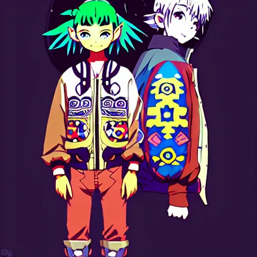 Image similar to majora majora's mask wearing oversized mayan bomber jacket with overalls, bulky poofy bomber jacket with mayan patterns, aztec street fashion, genshin impact art style, gapmoe yandere grimdark, trending on pixiv fanbox, painted by greg rutkowski makoto shinkai takashi takeuchi studio ghibli, akihiko yoshida