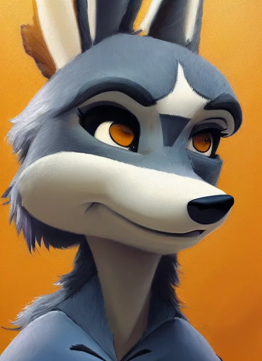 Image similar to oil painting of detailed full body of anthromorphic female wolf, in style of zootopia, zootopia, zootopia, fursona, furry, furaffinity, 4 k, deviantart, furry art, fursona art, wearing black business suit, business suit, in style of zootopia, wolf fursona, cyberpunk, female, expressive detailed feminine face,