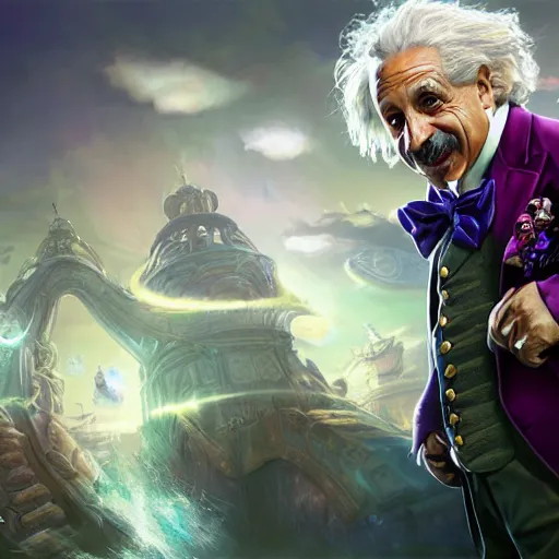 Image similar to portrait of albert einstein as willy wonka, league of legends amazing splashscreen artwork, gears of war, splash art, natural light, elegant, photorealistic facial features, intricate, fantasy, detailed face, atmospheric lighting, anamorphic lens flare, cinematic lighting, league of legends splash art, hd wallpaper, ultra high details by greg rutkowski