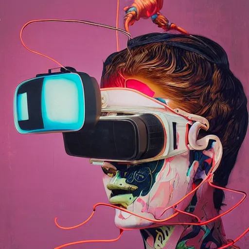 Prompt: Tristan Eaton & Greg Rutkowski, award winning masterpiece with incredible details, Zhang Kechun, a surreal vaporwave vaporwave vaporwave vaporwave vaporwave painting by Thomas Cole of an old pink mannequin head wearing VR goggles with cables and wires coming out of it's neck, highly detailed