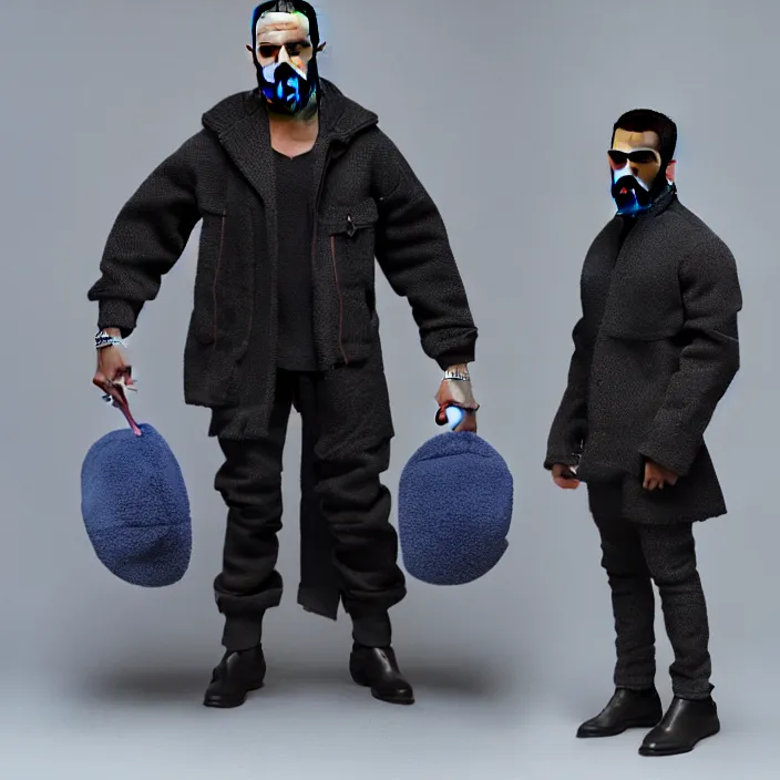 Image similar to a hot toys figure of kanye west using a black face - covering mask made of cloth with small holes, a blue puff undersized round jacket, a black shirt underneath and black rubber boots, figurine, detailed product photo