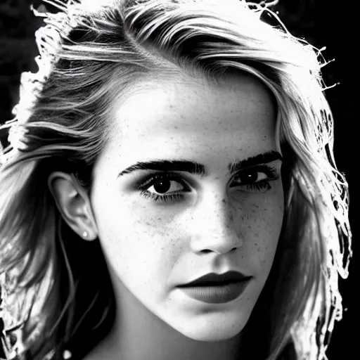 Prompt: black and white vogue closeup portrait by herb ritts of a beautiful model, emma watson high contrast