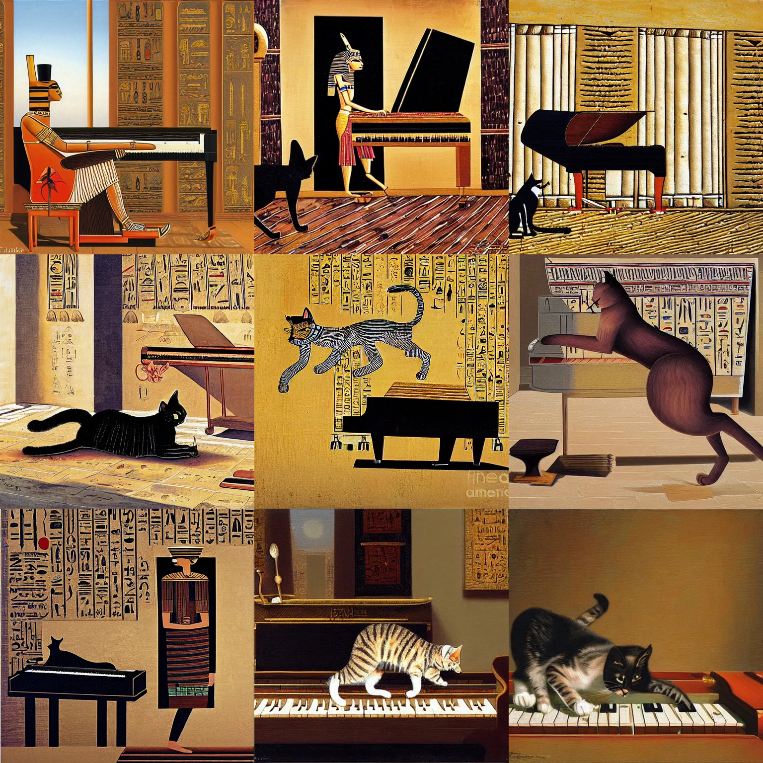 Prompt: cat walking on piano, ancient egyptian papyrus by guido borelli