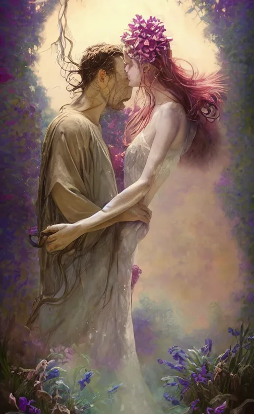Prompt: bestselling movie poster, official media,a smooth cinematic beautiful closeup moment of lovers saying goodbye wearing boho poncho and sunhat with hyacinths, full body portrait and simple form, brutal shapes, shaman, pixiv, pete mohrbacher and artgerm and wlop, digital art, highly detailed, intricate, fantasy, mystical, sharp focus, Trending on Artstation HQ, deviantart, unreal engine 5, 4K UHD image,1990s fashion, official anime media, cinematic lighting, artstation consept artwork by doja cat, charlie bowater, waterhouse, ,greg rutkowski, wong kar wai