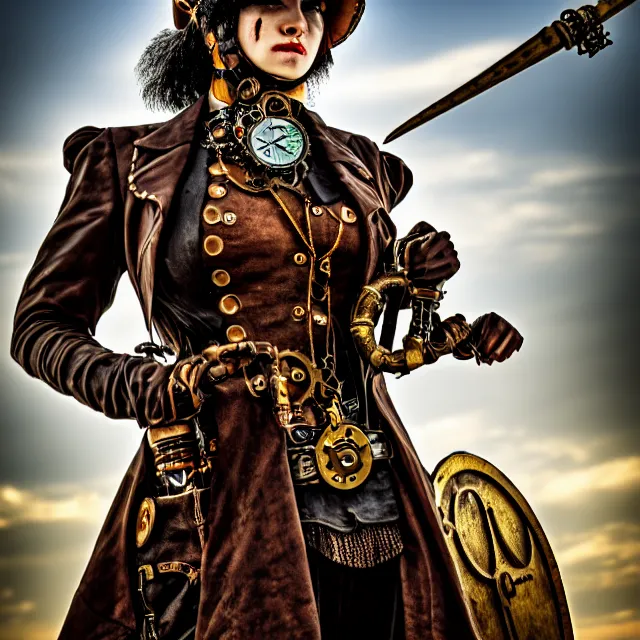 Image similar to steampunk warrior, 8 k, hdr, smooth, sharp focus, high resolution, award - winning photo