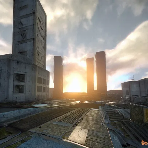 Image similar to a Half life level, from the 1998 PC game Half life in the Dead, brutalist architecture, stunning volumetric light, sunset, metal, concrete and translucent material, stunning skies, majestic landscape, trending on Artstation, 8k, photorealistic, hyper detailed, unreal engine 5, IMAX quality, cinematic, epic lighting, in the style of Moby Francke