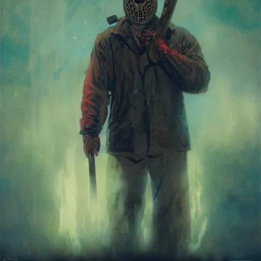 Prompt: vintage poster of a jason voorhees movie by karol bak, james jean, tom bagshaw, rococo, sharp focus, trending on artstation, cinematic lighting, hyper realism, octane render, 8 k, hyper detailed