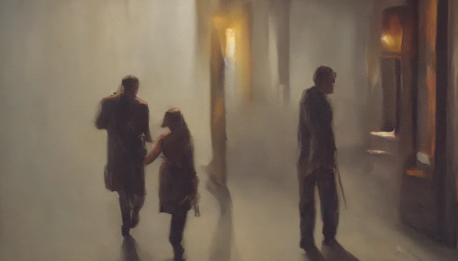 Image similar to oil painting, man leaving with her, cinematic lighting