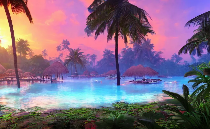 Image similar to a tropical resort in a jungle paradise, with a beautiful red and blue sunset, dynamic lighting, photorealistic fantasy concept art, trending on art station, stunning visuals, creative, cinematic, ultra detailed, ray tracing, sun rays