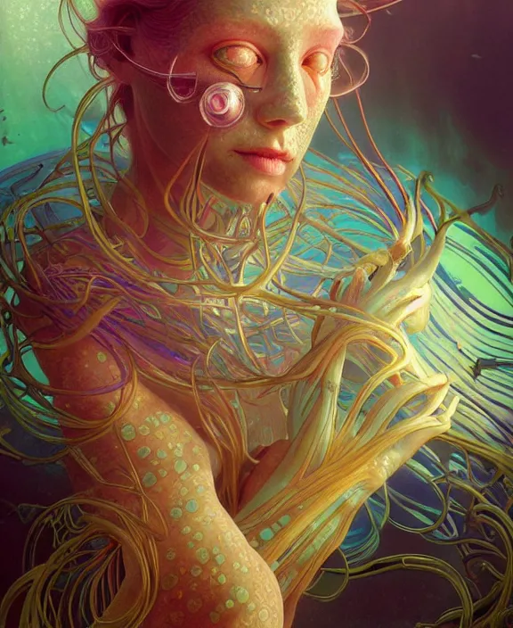 Prompt: intricate colorful transparent portrait of a disturbing beautiful alien mollusk creature, mottled coloring, adorable, childlike, underwater environment, ultra realistic, concept art, art nouveau, photorealistic, octane render, 8 k, unreal engine. art by christopher marley and artgerm and greg rutkowski and alphonse mucha