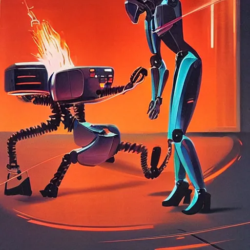 Prompt: beautiful female - looking robot destroying himself in fire explosion. concept art for sci fi robots movie. by syd mead, 1 9 7 4